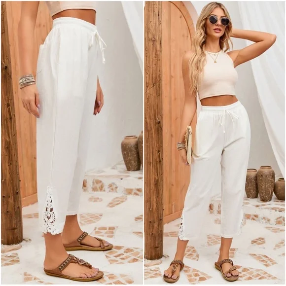 080 White Lace Detail Pockets Cotton Pants - Picture 6 of 6